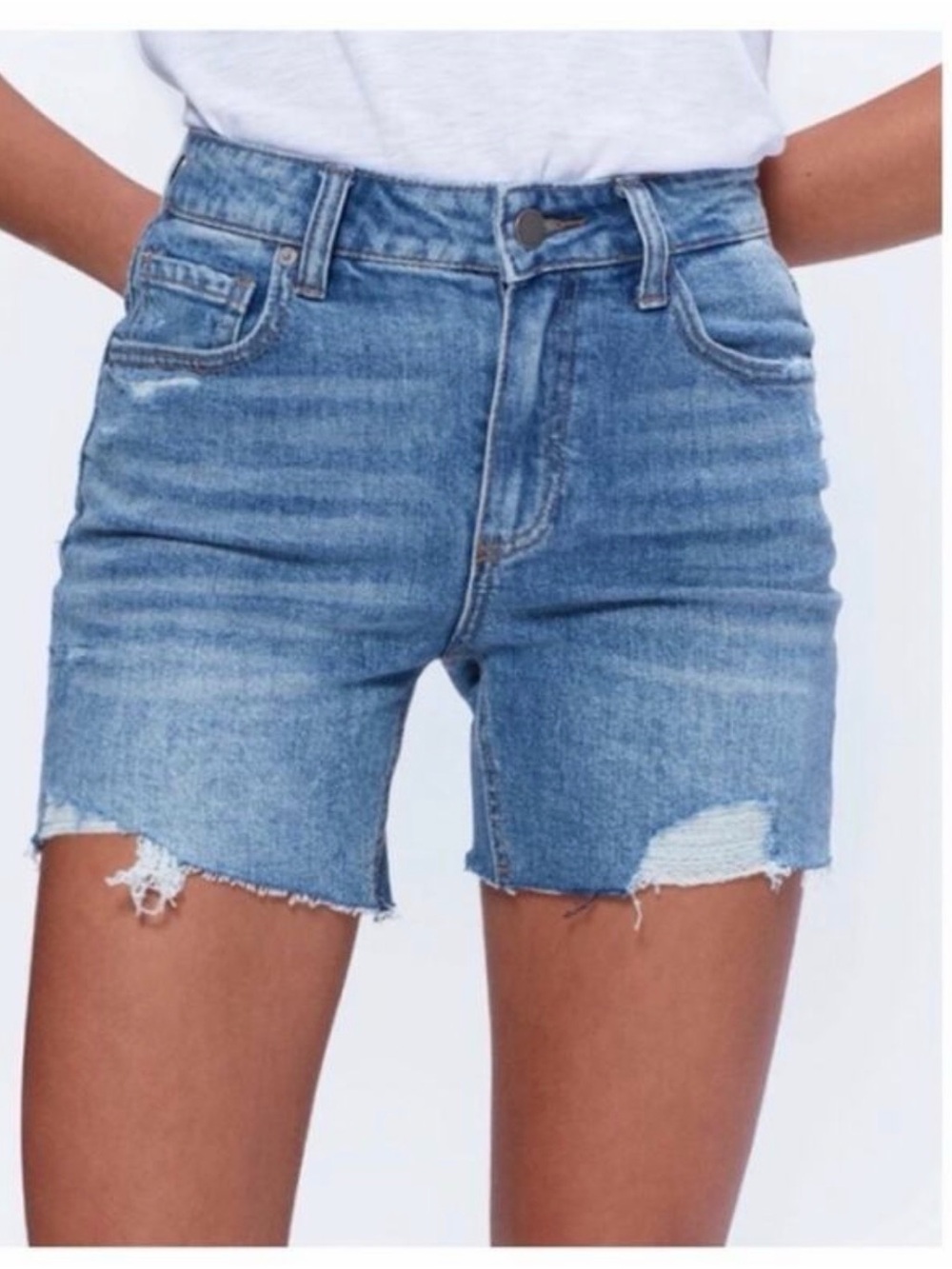 PAIGE Medium Blue High-Rise Distressed Jean Shorts